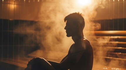 Focused man sitting quietly in a steam room, immersed in a sauna bath