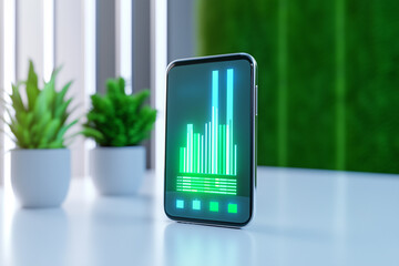 A smartphone displaying an interactive data visualization with graphs. representing the power of AI in marketing, 3D rendering, with minimal colors and high resolution, minimal background