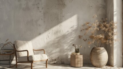A light wall, an armchair, and a table with dried flowers