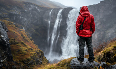 Adventure photographer taking landscape photos. Photographer takes pictures of mountain landscape, forest, waterfall and fog in the mountains. Nature. Recreation. Landscape. Concept of works and trave