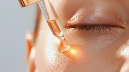 Close up of a woman's eye with a dropper applying serum or oil.