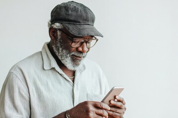 Black gray-haired man using his smartphone on a white background