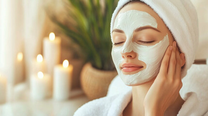 A woman is applying a white face mask while sitting in front of candles