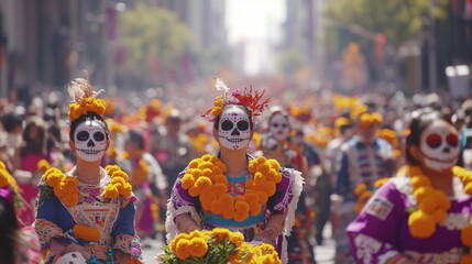 A group of people dressed in orange and white costumes with flowers