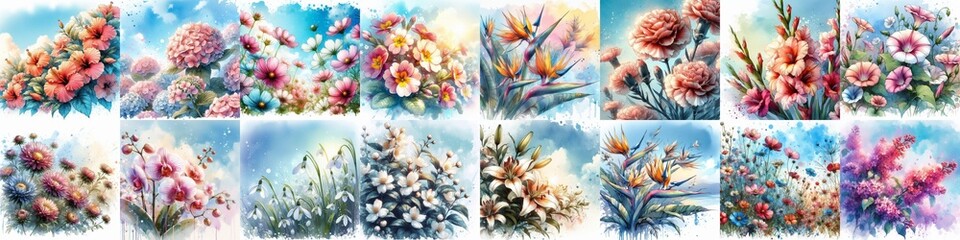 Flowers draw in watercolor splash style. AI generated illustration