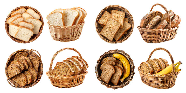 Collection 4 set of basket of bread bun loaf slice. White, wholewheat, Multigrain, Banana on transparent background cutout, PNG file. Mockup template for artwork design