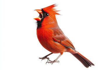 Cardinal perched and singing isolated on a white background