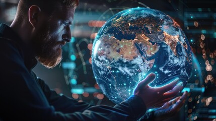 Man engaging with a 3D holographic globe, representing global business software and data analysis