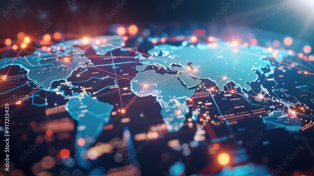 Poster world map with interconnected nodes and lines, illustrating global trade and commerce with minimalis