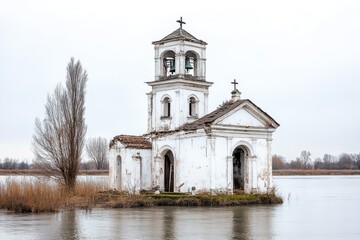 Fototapeta premium Ancient Church Ruins Submerged in Water Under Ominous Skies, Illustrating the Crisis of Flooding and Natural Disasters