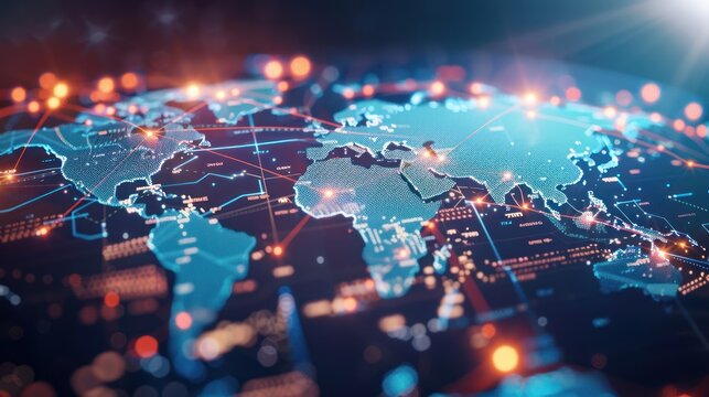 World map with interconnected nodes and lines, illustrating global trade and commerce with minimalist background
