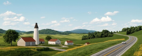 Scenic road through a picturesque countryside, with a car driving past quaint farms and rolling hills, representing the charm of a rural journey