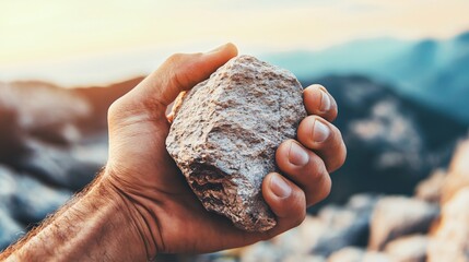 Hand tightly gripping a piece of rough stone texture and detail highlighted showcasing natural strength