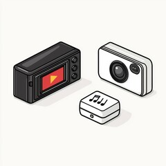 Isometric Illustration of a Camera, Action Camera, and Music Device