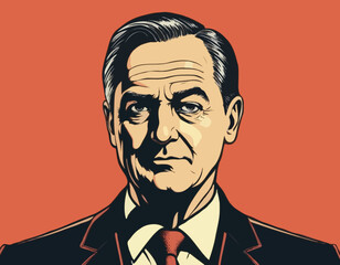 Ironic man. Malevolent politician. Cartoon character. Halftone background 