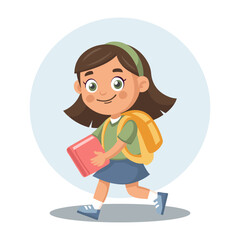 Cute schoolgirl with school backpack going to school. Pupil character. Flat style illustration