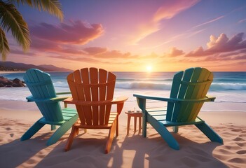 A table with chairs and a table with a view of mountains and the sun