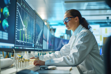 Female scientist analyzing data in lab