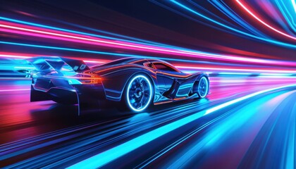 Fototapeta premium Dynamic High-Speed Race Car in Neon Light Trails at Night