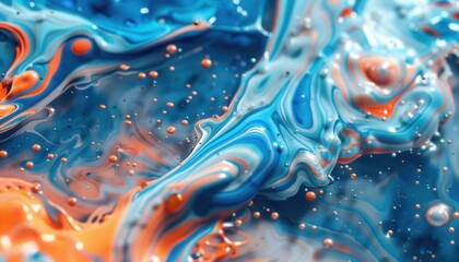 Swirling Blue and Orange Paint Blends Creating Abstract Patterns in Close-Up View