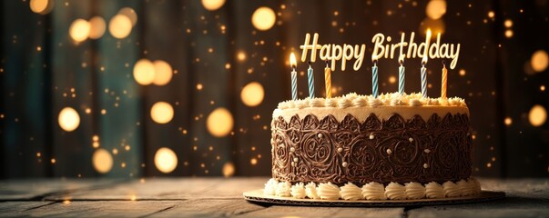A beautifully decorated birthday cake with candles and a Happy Birthday sign, perfect for celebrations and joyful gatherings.