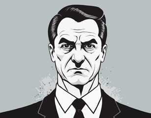 Ironic man. Malevolent politician. Cartoon character. Halftone background 