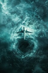 Naklejka premium A plane flying over the ocean entering a Bermuda Triangle vortex, evoking a sense of dread and danger.