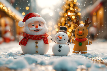 A joyful 3D illustration  Santa Claus, a Snowman, a Gingerbread Cookie, and a Reindeer are playing with snow, celebrating the New Year with a Christmas background