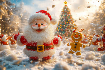 A joyful 3D illustration  Santa Claus, a Snowman, a Gingerbread Cookie, and a Reindeer are playing with snow, celebrating the New Year with a Christmas background