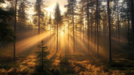 Golden hour sunlight streaming through forest