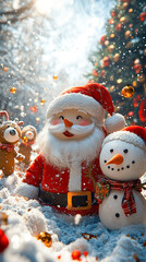 A joyful 3D illustration  Santa Claus, a Snowman, a Gingerbread Cookie, and a Reindeer are playing with snow, celebrating the New Year with a Christmas background