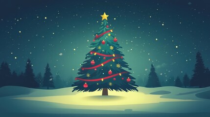 Christmas tree in the winter landscape, snow, night, decorated xmas tree