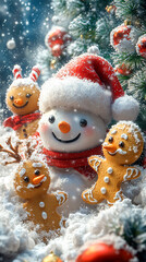 A joyful 3D illustration  Santa Claus, a Snowman, a Gingerbread Cookie, and a Reindeer are playing with snow, celebrating the New Year with a Christmas background