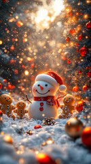 A joyful 3D illustration  Santa Claus, a Snowman, a Gingerbread Cookie, and a Reindeer are playing with snow, celebrating the New Year with a Christmas background