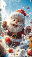 A joyful 3D illustration  Santa Claus, a Snowman, a Gingerbread Cookie, and a Reindeer are playing with snow, celebrating the New Year with a Christmas background
