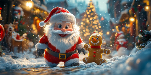 A joyful 3D illustration  Santa Claus, a Snowman, a Gingerbread Cookie, and a Reindeer are playing with snow, celebrating the New Year with a Christmas background