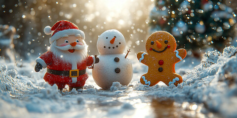 A joyful 3D illustration  Santa Claus, a Snowman, a Gingerbread Cookie, and a Reindeer are playing with snow, celebrating the New Year with a Christmas background