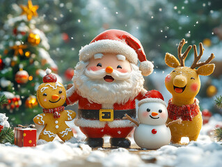 A joyful 3D illustration  Santa Claus, a Snowman, a Gingerbread Cookie, and a Reindeer are playing with snow, celebrating the New Year with a Christmas background