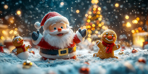A joyful 3D illustration  Santa Claus, a Snowman, a Gingerbread Cookie, and a Reindeer are playing with snow, celebrating the New Year with a Christmas background