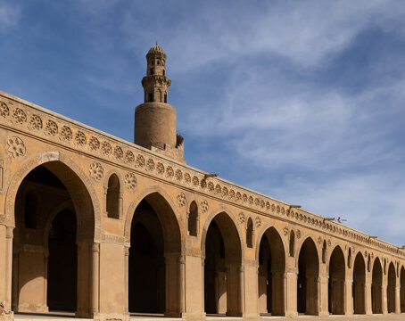 Mosque of Ibn Tulun in Cairo with spiral minaret. medieval Cairo. Egypt.