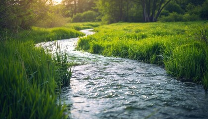 Fototapeta premium Serene Stream Flowing Through Lush Green Grass at Dusk in a Tranquil Forest Area