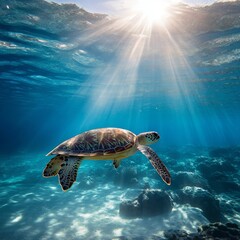 Obraz premium Underwater Serenity: A Sea Turtle Gliding Gracefully Near the Ocean Floor, Sunlight Streaming Through the Clear Waters Creating a Tranquil Aquatic Scene