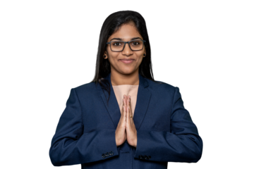 Indian Girl or Female Performing Warm Namaste Gesture to Welcome , Cultural Tradition, Hospitality Service, Customer Welcome, Professional Etiquette