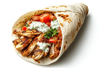 Chicken gyros with tzatziki sauce isolated on a white, top view