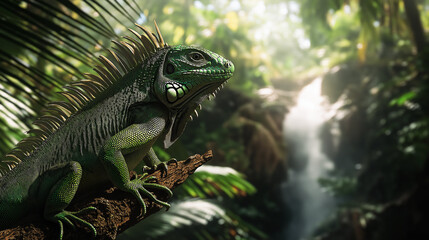 Obraz premium A vibrant green iguana perched on a tree branch. The iguana is intricately detailed, with textured scales, prominent spines, and a distinctive crest on its head