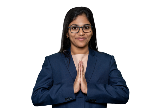 Indian Girl or Female Performing Warm Namaste Gesture to Welcome , Cultural Tradition, Hospitality Service, Customer Welcome, Professional Etiquette