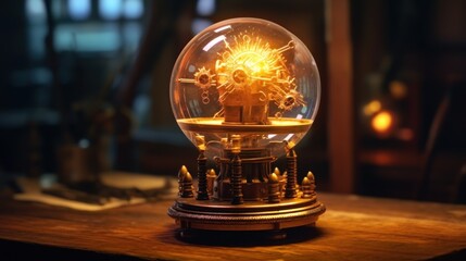 Steampunk  Glass Globe with Glowing Internal Mechanism