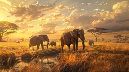 Fototapeta premium Family of Elephants: Gentle Giants Together