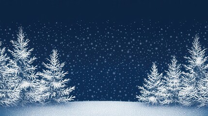 Minimalist winter scene featuring white pine trees with snowflakes on a snowy hill against a deep blue sky background - Christmas Eve Banner Design