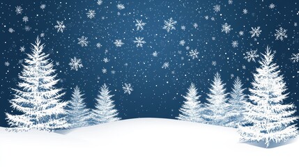 Minimalist winter scene featuring white pine trees with snowflakes on a snowy hill against a deep blue sky background - Christmas Eve Banner Design